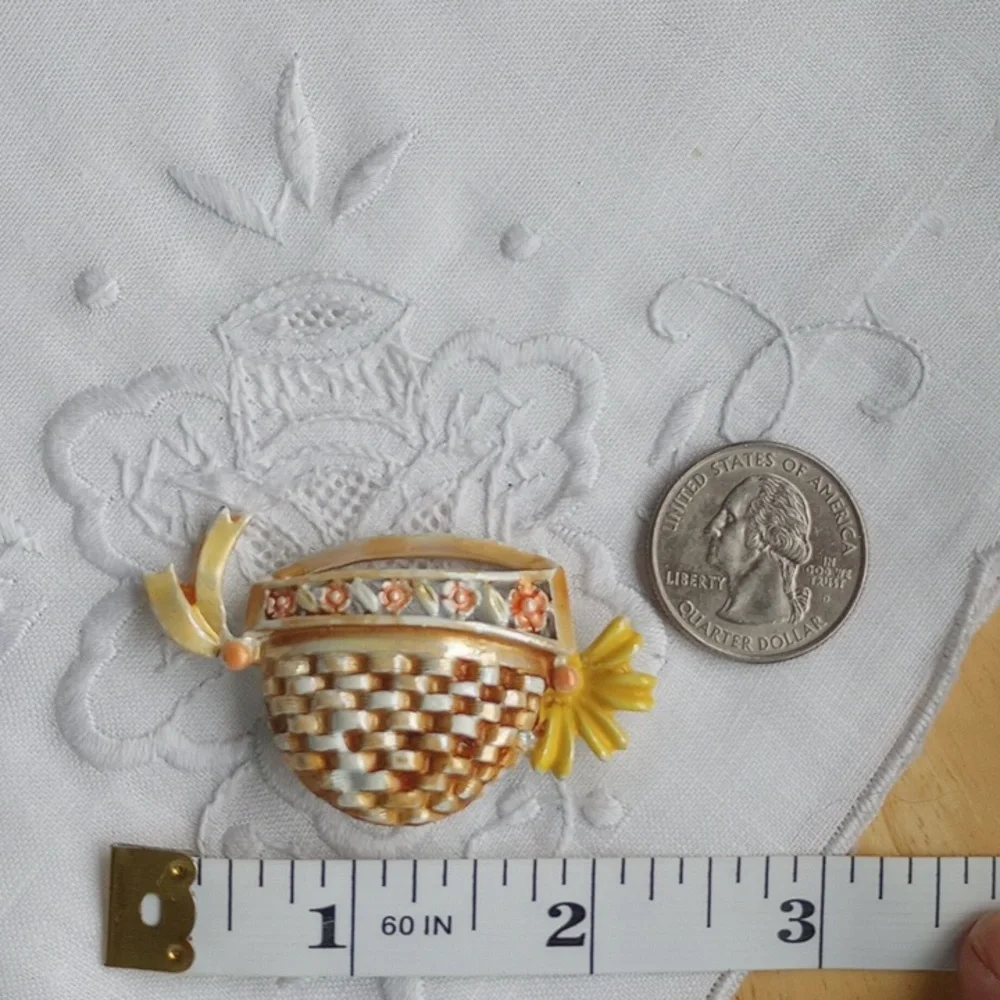 Vintage BJ enamel woven flower basket pin yellow orange